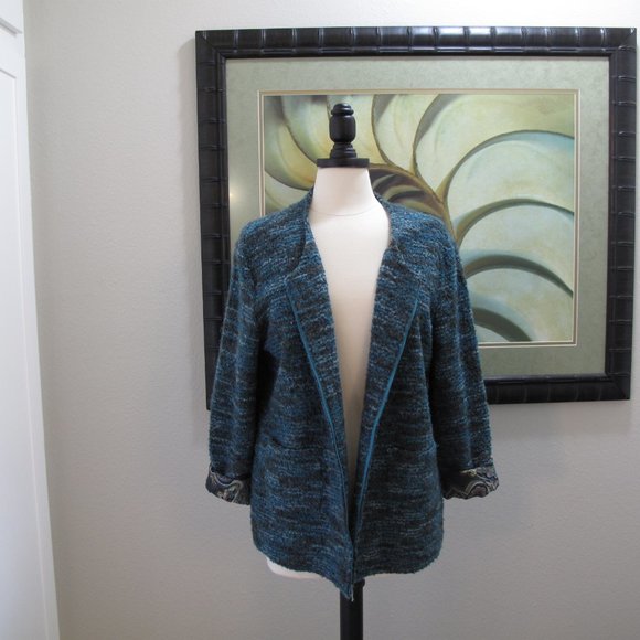 VINTAGE - WINTER SILKS - Silk Wool Blend Turquoise Full Zip Cardigan - Picture 5 of 12